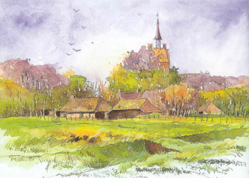 Afdruk van een aquarel gemaakt door de heer H.J. Dik, Vries